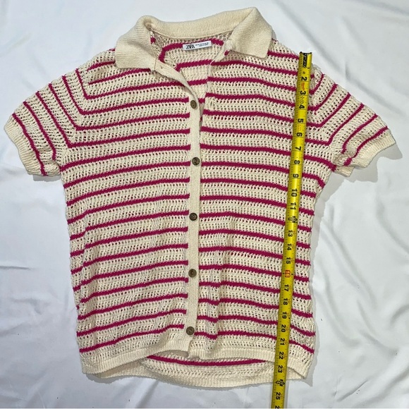 Zara Women's Pink and White Striped Crocheted Button Up Top Size Medium Y2K - Picture 6 of 8